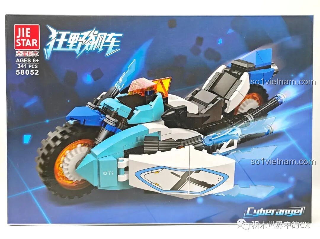 Mặt trước hộp bộ xếp hình Chiến xa Cyberangel JIESTAR 58052 cho trẻ 6 tuổi với hình ảnh mô hình xe moto màu xanh trắng.