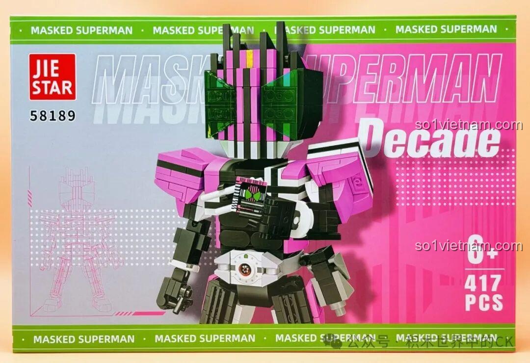 Hộp đồ chơi lắp ghép JIESTAR 58189 Kamen Rider Decade, hiển thị mô hình đã lắp ráp và thông tin sản phẩm cơ bản.