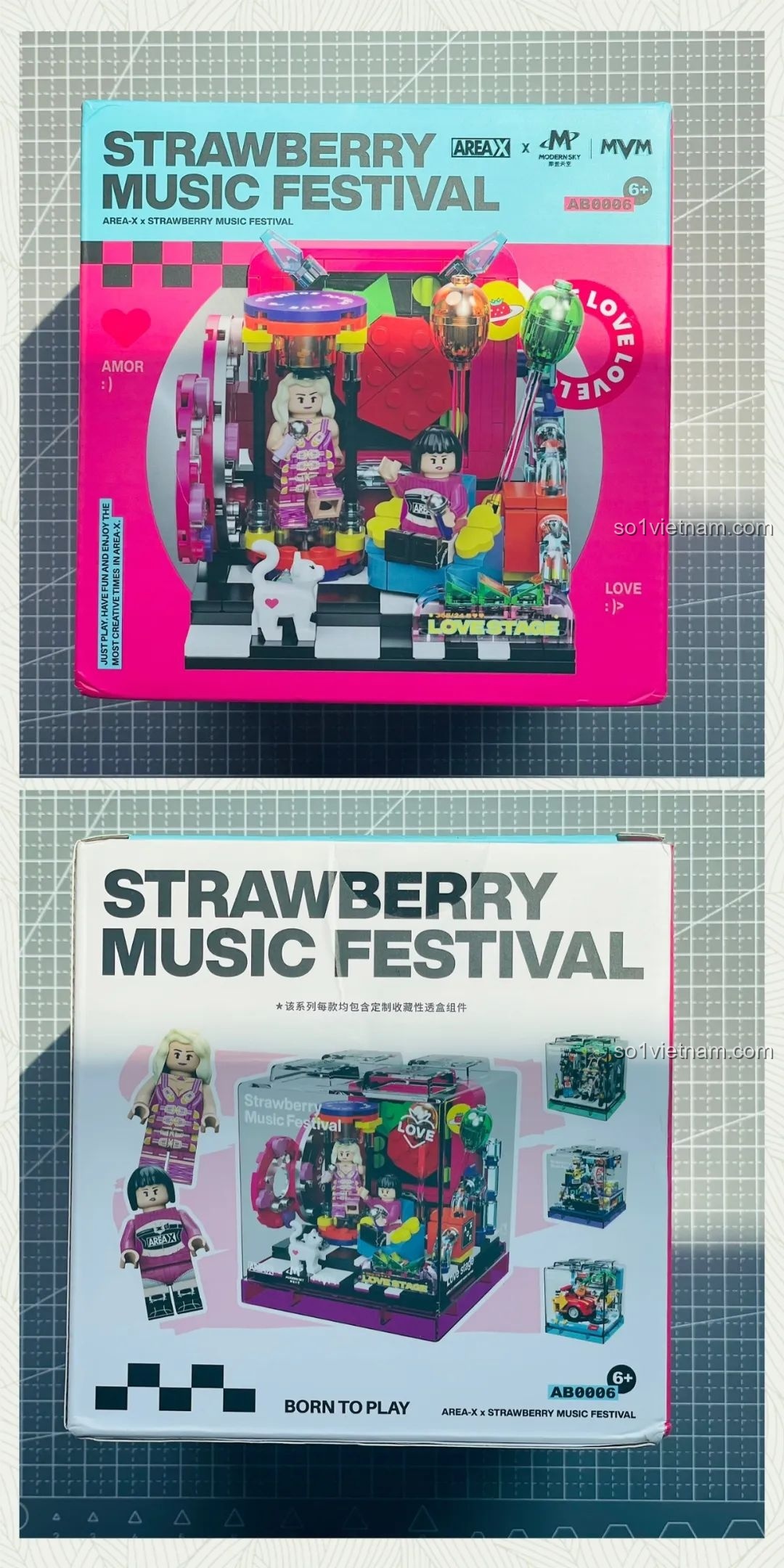 Hộp đồ chơi lắp ráp Ái Vũ Đài AREA-X AB0006 màu hồng rực rỡ, hiển thị mô hình sân khấu âm nhạc mini và hai minifigures ca sĩ.