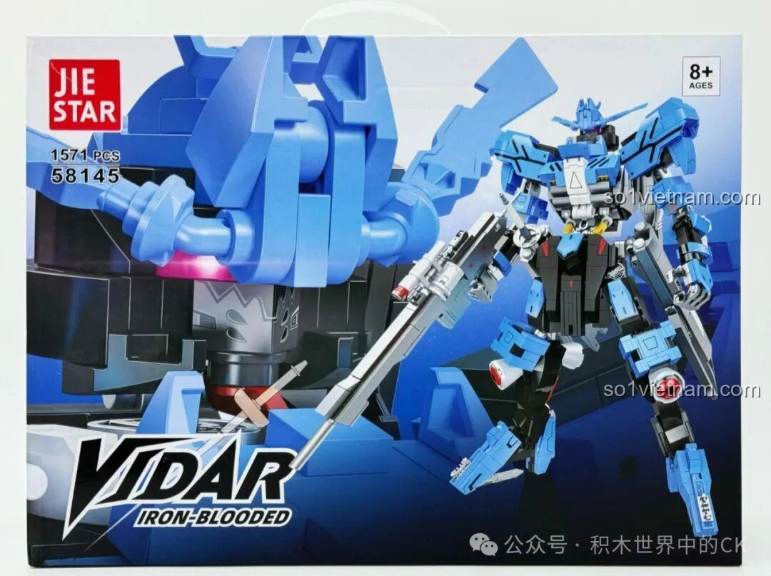 Hộp đồ chơi lắp ráp Robot Vidar JIESTAR 58145 với hình ảnh mô hình hoàn chỉnh và thông tin 1571 chi tiết, độ tuổi 8+.