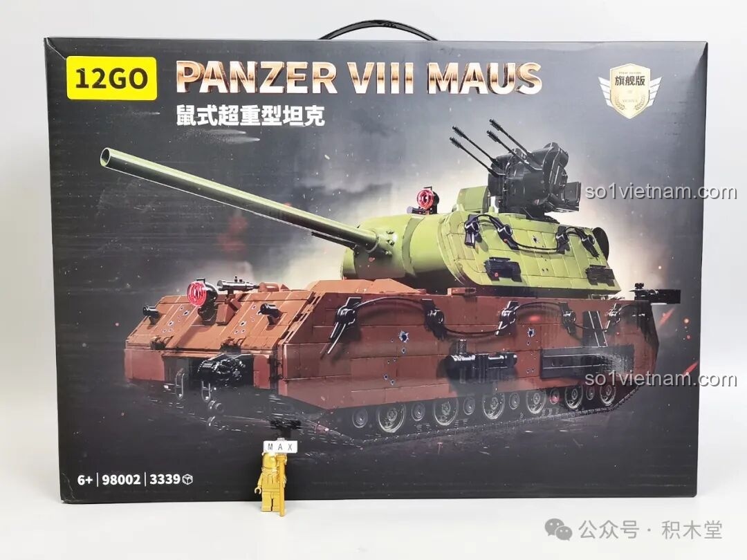 Hộp đồ chơi lắp ráp xe tăng Maus 12GO 98002 Panzer VII, hiển thị hình ảnh mô hình và thông số sản phẩm.
