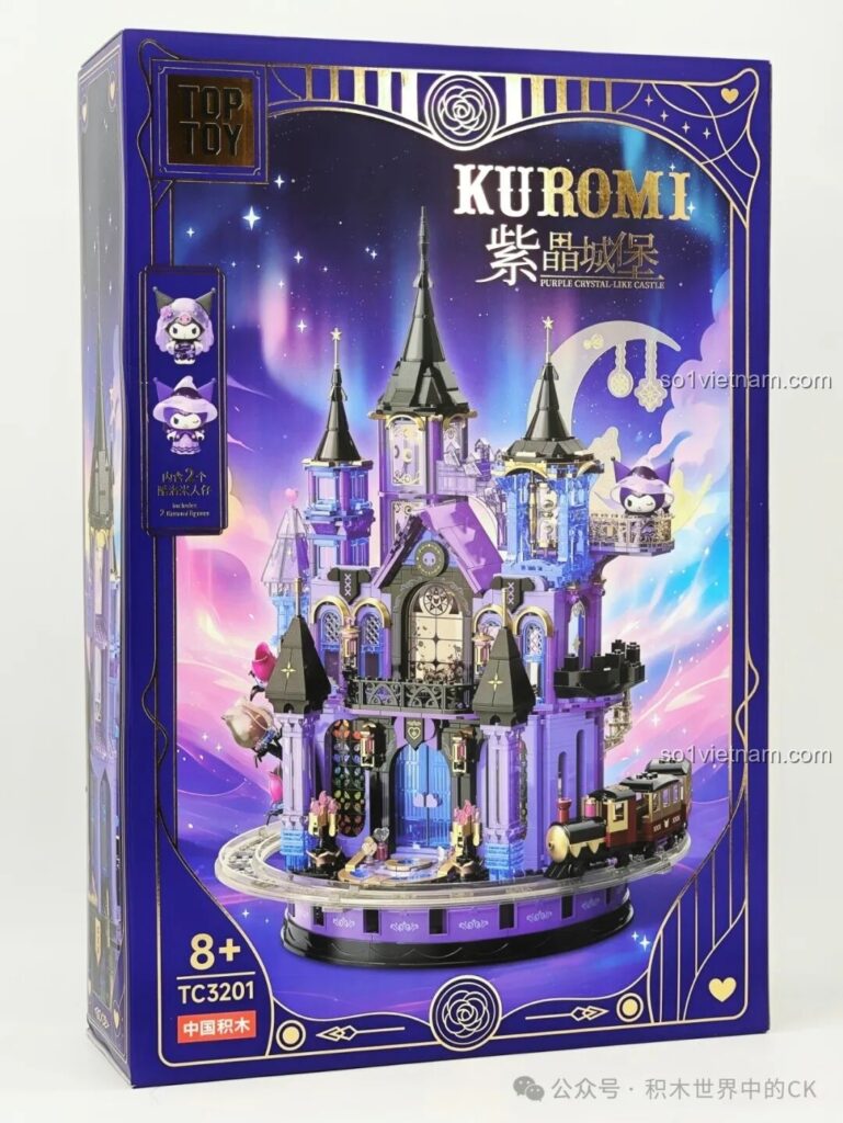 Mặt trước hộp bộ lắp ghép Kuromi's Purple Crystal Castle TC3201, món đồ chơi mô hình Sanrio cho trẻ 8 tuổi.