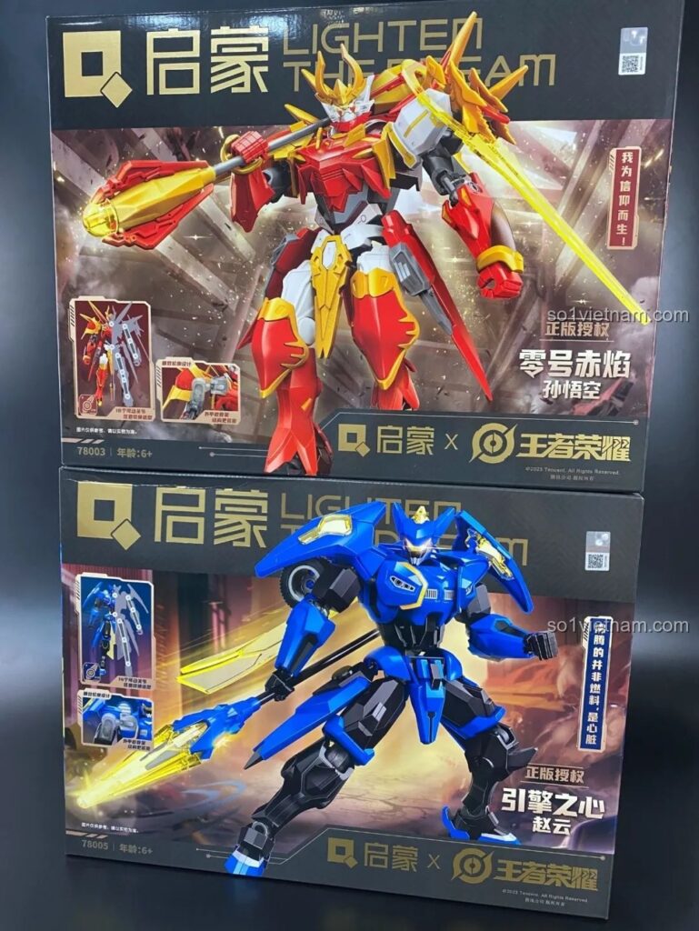 Hộp đồ chơi lắp ráp QMAN Vương Giả Vinh Diệu với hai mẫu Mecha Tôn Ngộ Không và Triệu Vân cho bé trai 6 tuổi.