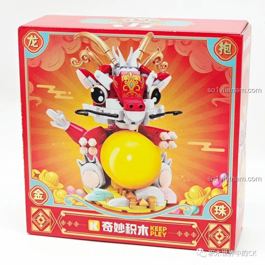 Mặt trước hộp đồ chơi trang trí Rồng Ôm Ngọc Vàng Keeppley K19909 giá rẻ với hình ảnh rồng chibi màu đỏ.
