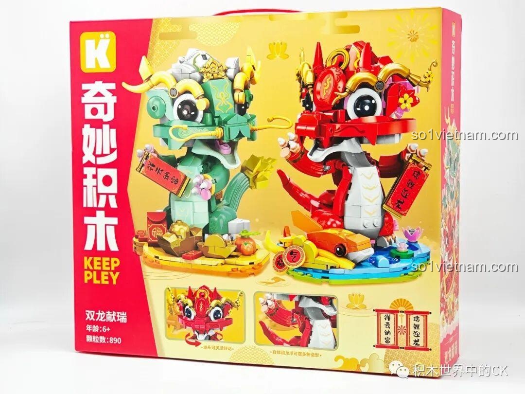 Hộp đồ chơi lắp ráp Song Long Hiến Thụy Keeppley K19910 với hình ảnh hai chú rồng xanh và đỏ.