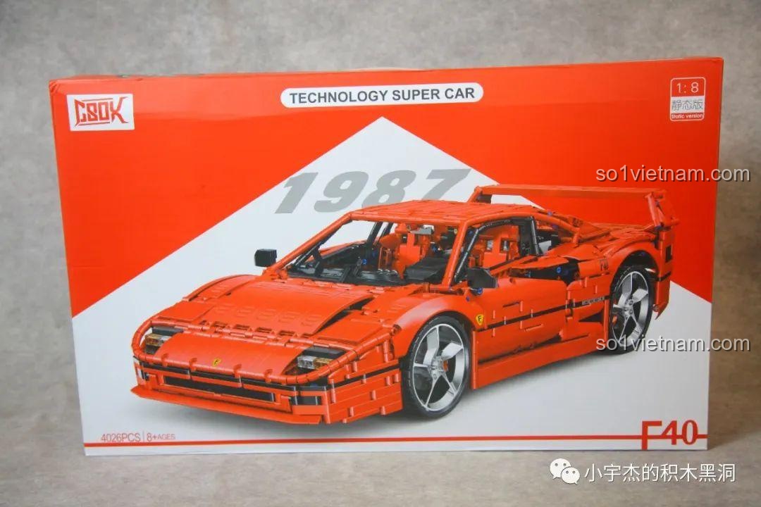 Hộp đồ chơi lắp ráp CBOX X001 Siêu xe Ferrari F40 với thiết kế màu đỏ nổi bật, hình ảnh sản phẩm sắc nét và logo CBOX.