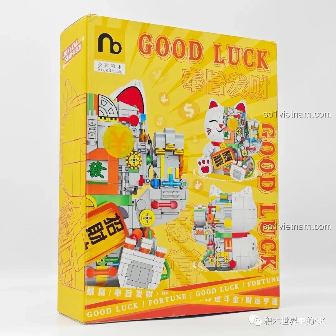 Mặt sau hộp đồ chơi xếp hình Mèo May Mắn Cơ Khí NiceBrick 200619 hiển thị các góc nhìn khác của mô hình, kích thích trí tò mò của trẻ.