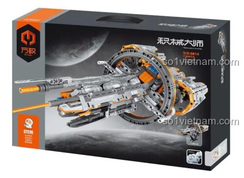 Hộp đựng bộ đồ chơi lắp ráp Thiên Lang Hào Tinh Hạm 6814 của 万致IM.Master, có hình ảnh tàu vũ trụ và các thông số kỹ thuật