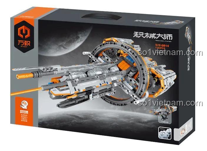 Hộp đựng bộ đồ chơi lắp ráp Thiên Lang Hào Tinh Hạm 6814 của 万致IM.Master, có hình ảnh tàu vũ trụ và các thông số kỹ thuật