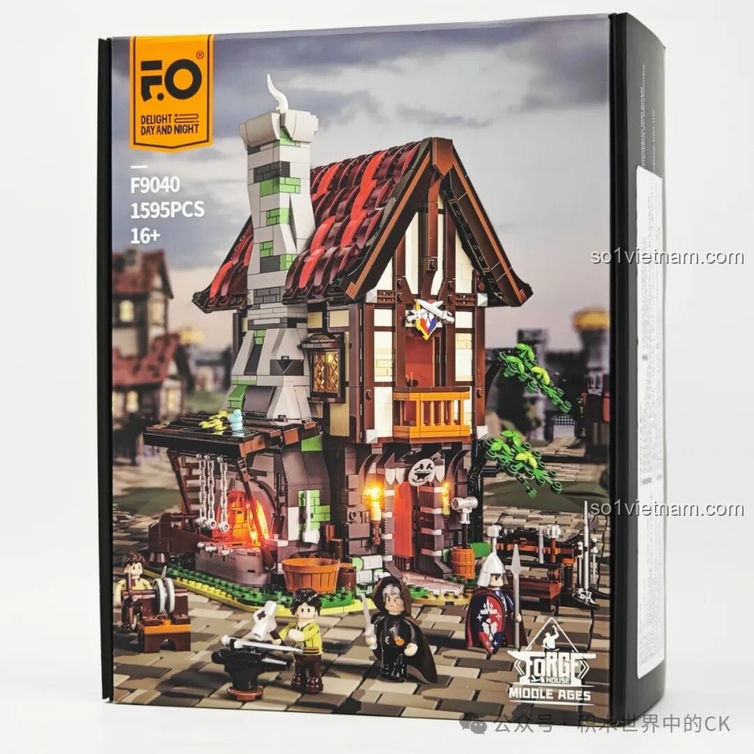 Hộp đựng của bộ lắp ghép Funwhole F9040 Xưởng Rèn Trung Cổ với thiết kế chuyên nghiệp, hình ảnh sản phẩm sắc nét.