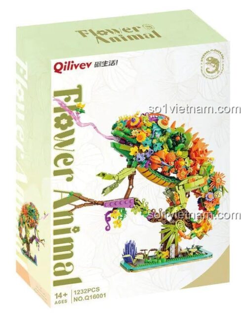 Hộp đựng bộ lắp ghép Qilivev Q16001 Tắc Kè Hoa, hiển thị tên sản phẩm Flower Animal, số mảnh 1232PCS, độ tuổi 14+