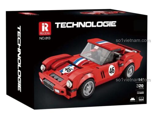 Hộp đựng bộ lắp ghép Reobrix 813 Ferrari 250 GTO, có hình ảnh mô hình xe và thông số 14+, 320 mảnh
