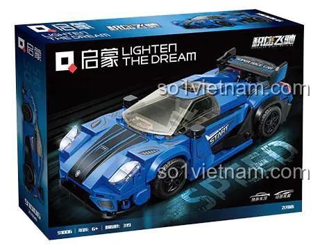 Hộp đựng bộ lắp ghép xe đua bay 91006 của 启蒙QMAN/ENLIGHTEN/奇妙积木Keeppley, hình ảnh xe đua màu xanh, kích thước 35x25x6.5 cm.