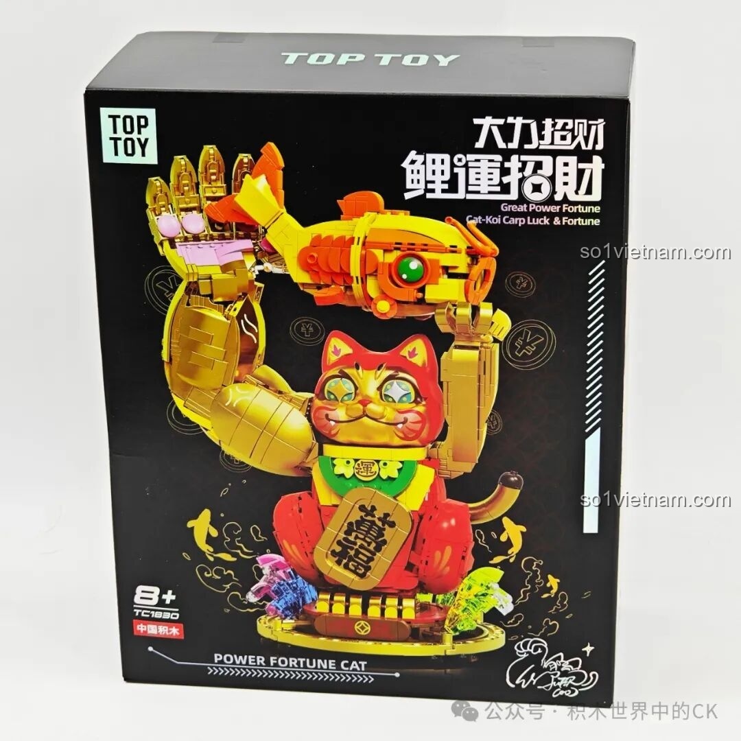 Hộp đựng bộ lắp ráp Mèo Chiêu Tài TOP TOY TC1830 với thiết kế màu đen sang trọng, hình ảnh sản phẩm nổi bật
