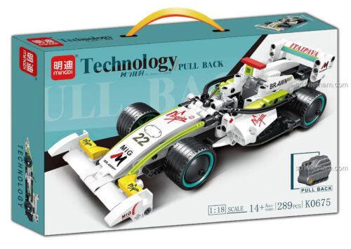 Hộp đựng bộ đồ chơi lắp ráp xe đua F1 hồi lực Mingi K0675, có hình ảnh sản phẩm, thông số kỹ thuật và độ tuổi khuyến nghị 14+