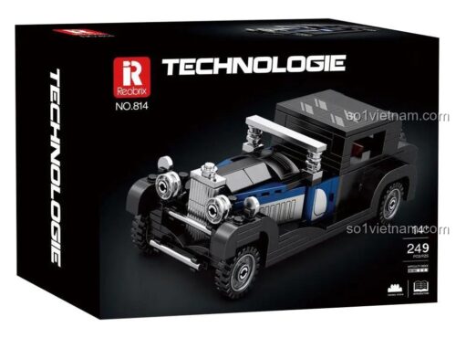 Hộp đựng bộ lắp ghép Reobrix 814 Bugatti Type 41 Royale, xe cổ màu đen xanh dương, 249 mảnh, độ tuổi 14+