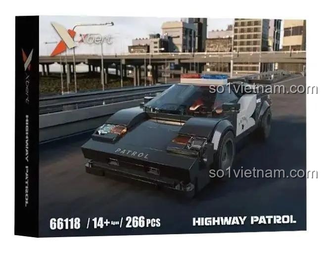Hộp đựng bộ lắp ghép xe cảnh sát tuần tra cao tốc Xbert 66118, có hình ảnh xe, thông số 14+/266 pcs, Highway Patrol