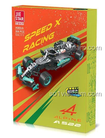 Hộp đựng bộ lắp ráp xe đua F1 Alpine A522 JIESTAR 58111, kích thước 47.5x28.5x7 cm, có hình ảnh sản phẩm và thông tin chi tiết, đồ chơi cho bé trai 6 tuổi