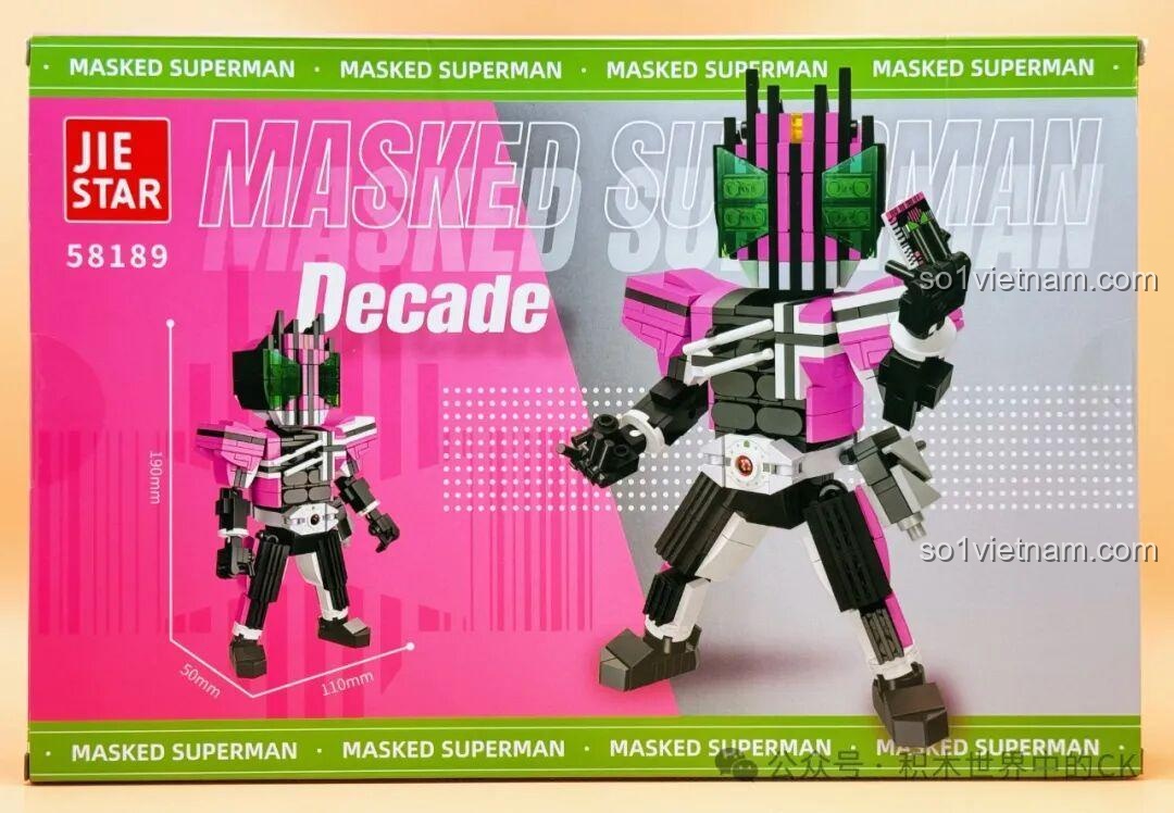 Mặt sau hộp bộ lắp ghép JIESTAR 58189 Kamen Rider Decade, thể hiện kích thước mô hình 19cm và các chi tiết khác.