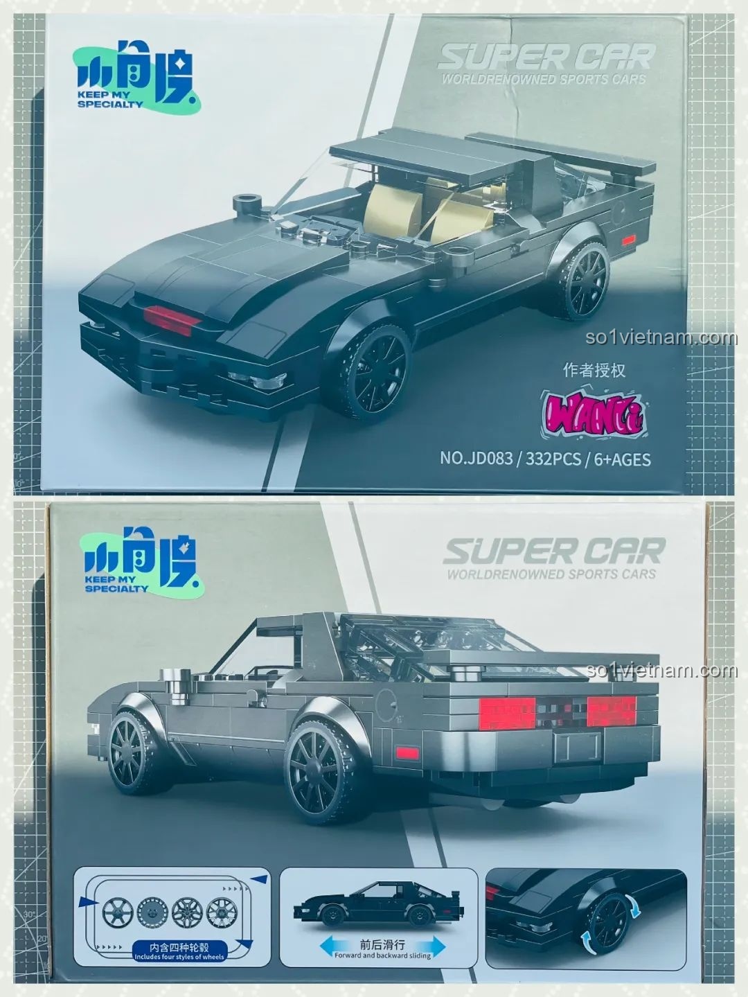 Hộp bộ lắp ghép Xiao Jiaodu JD083 Xe Pontiac Firebird KITT Đen, hiển thị mô hình xe và thông tin sản phẩm chi tiết.