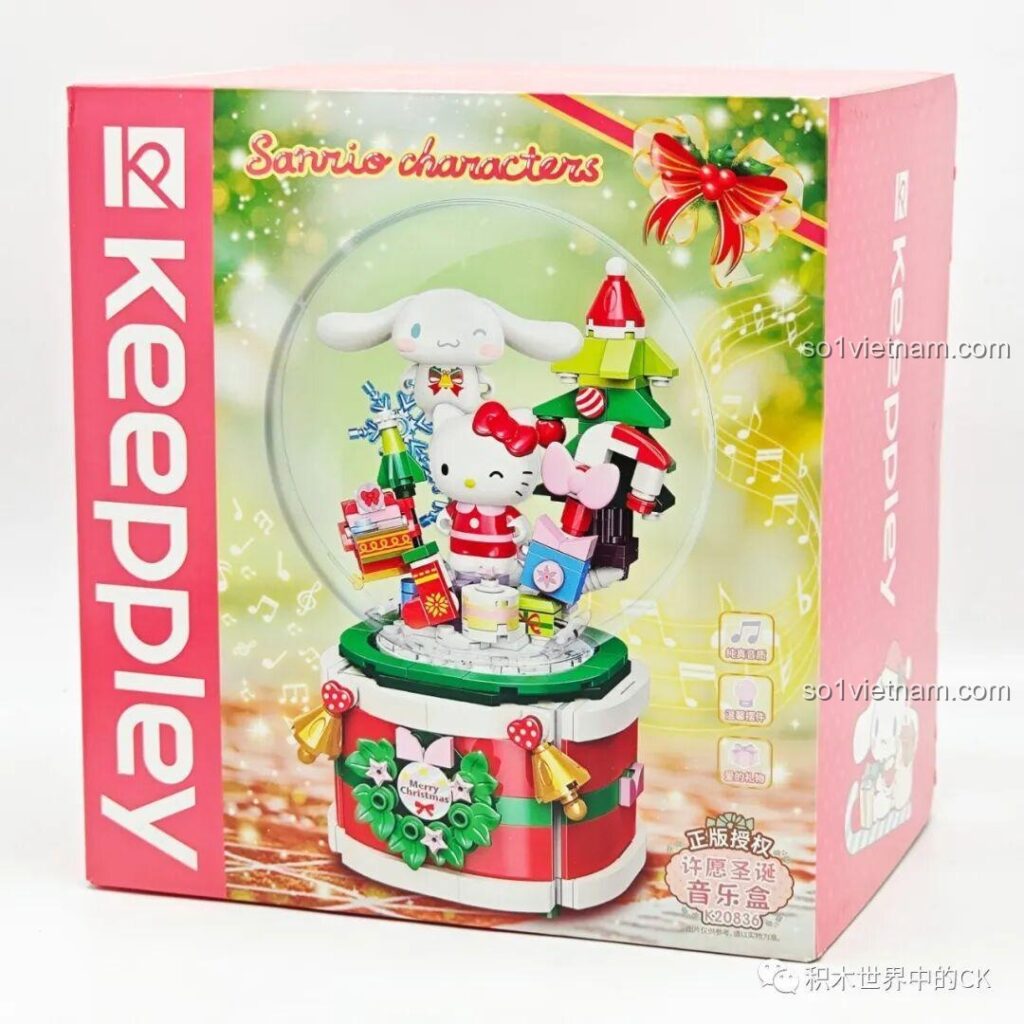 Hộp Nhạc Giáng Sinh Ước Nguyện Sanrio Characters K20836 Keeppley mặt trước, hình ảnh Hello Kitty và Cinnamoroll lung linh.