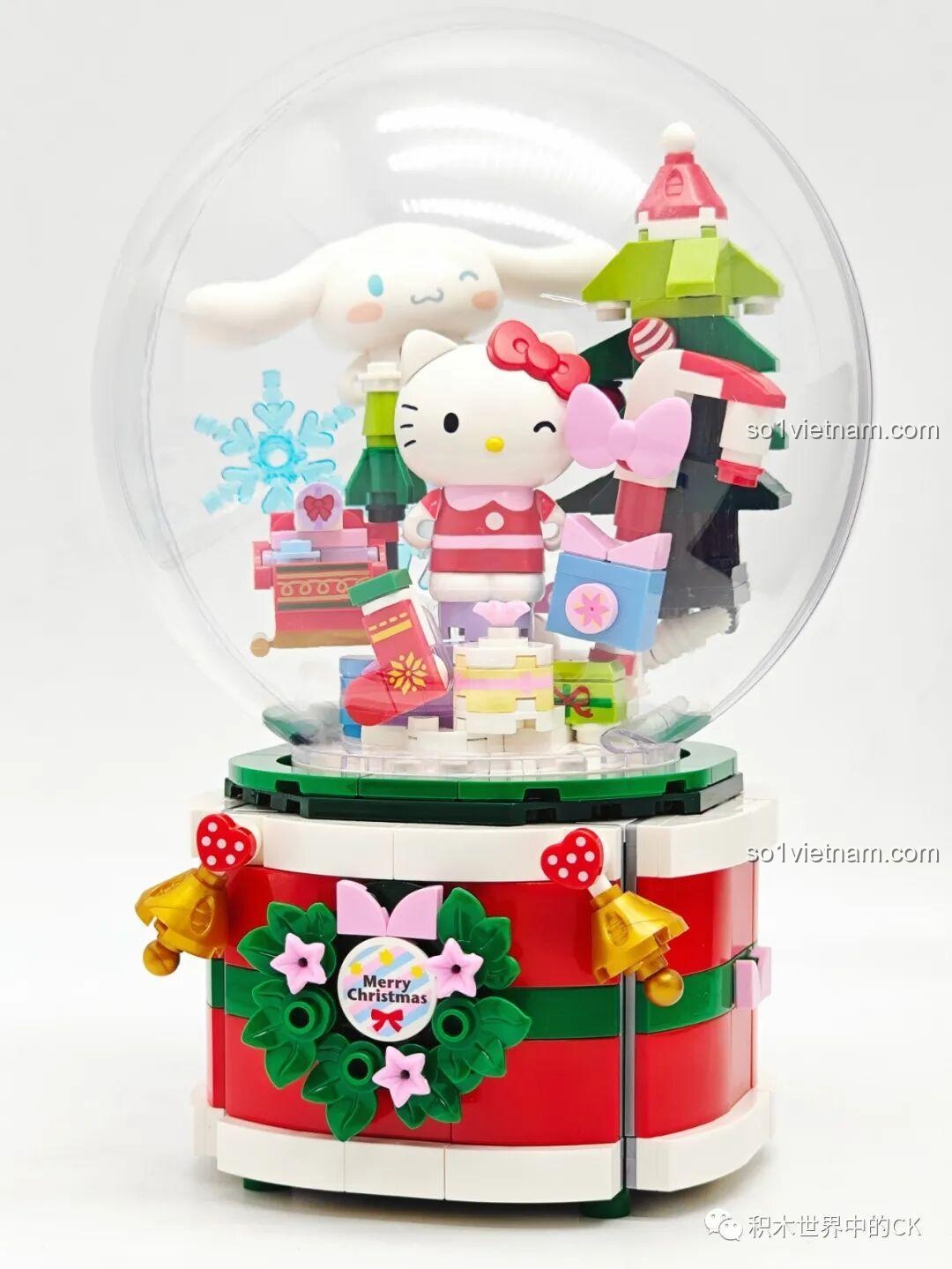 Hộp Nhạc Giáng Sinh Ước Nguyện Sanrio Characters K20836 Keeppley hoàn chỉnh, chưa có vòm, với Hello Kitty và Cinnamoroll.