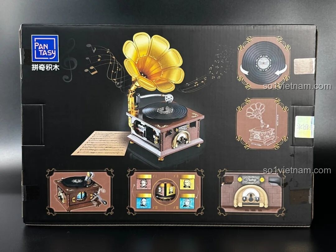 Mặt sau hộp bộ lắp ráp Pantasy Gramophone 85009, hiển thị các tính năng và chi tiết của mô hình máy hát đĩa retro.
