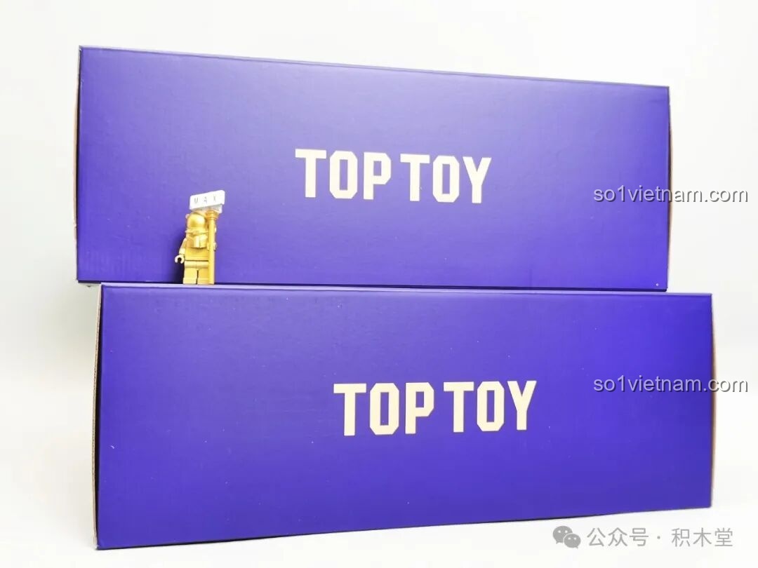 Hai hộp phụ màu tím mang thương hiệu TOP TOY bên trong bộ xếp hình Lâu đài Kuromi, chứa các chi tiết đặc biệt.