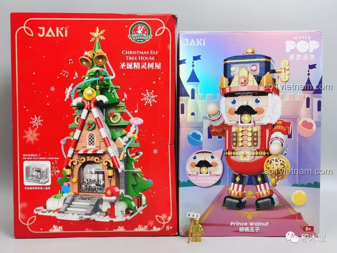 Hộp của hai bộ sản phẩm JAKI JK5128 và JK8225 đặt cạnh nhau, thiết kế bắt mắt, phù hợp làm quà tặng.