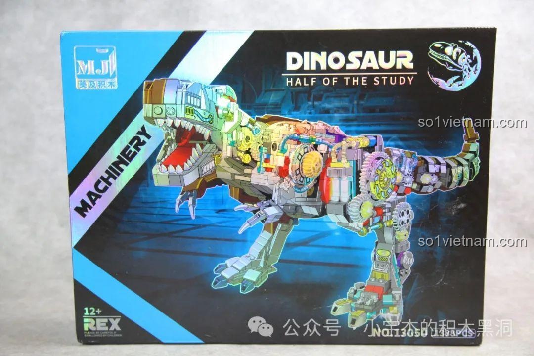 Mặt trước hộp bộ lắp ráp MJ 13050 Khủng long bạo chúa T-Rex Bán Cơ Khí với hình ảnh mô hình hoàn thiện cực ngầu.