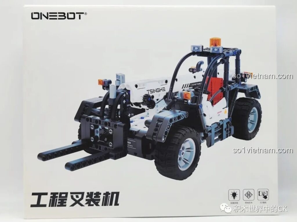 Mặt trước hộp bộ lắp ráp Xe Nâng Công Trình ONEBOT OBEFT04AIQI với hình ảnh mô hình hoàn thiện trông rất chuyên nghiệp và hầm hố.