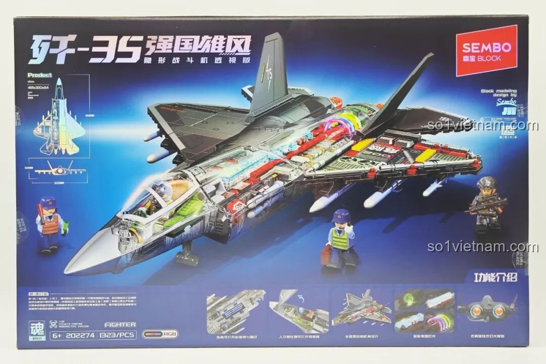 Mặt sau vỏ hộp đồ chơi lắp ráp Máy bay chiến đấu J-35 SEMBO 202274, hiển thị các tính năng và chi tiết của mô hình.