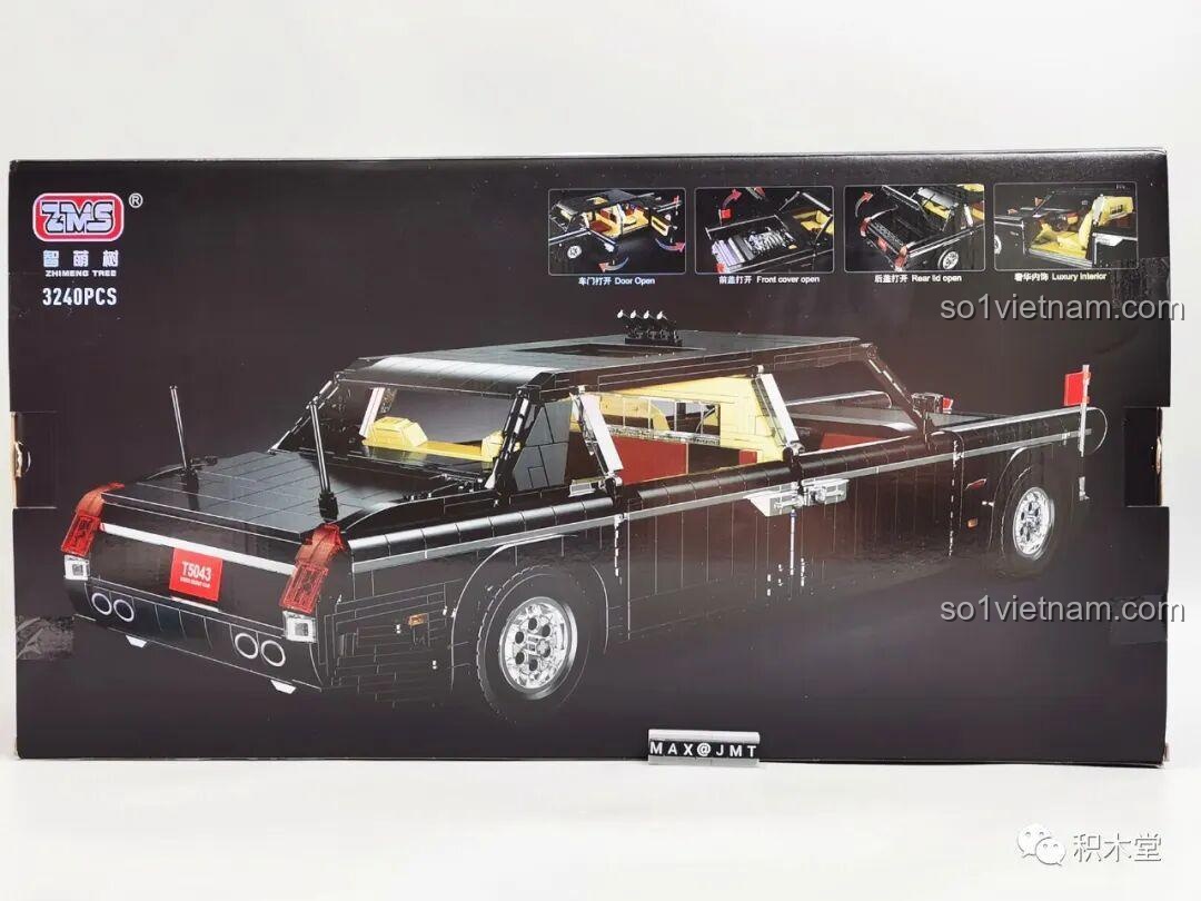 Mặt sau hộp bộ lắp ghép Zhimeng Tree T5043 Xe Lễ Tân Hồng Kỳ, với các tính năng nổi bật của mô hình.