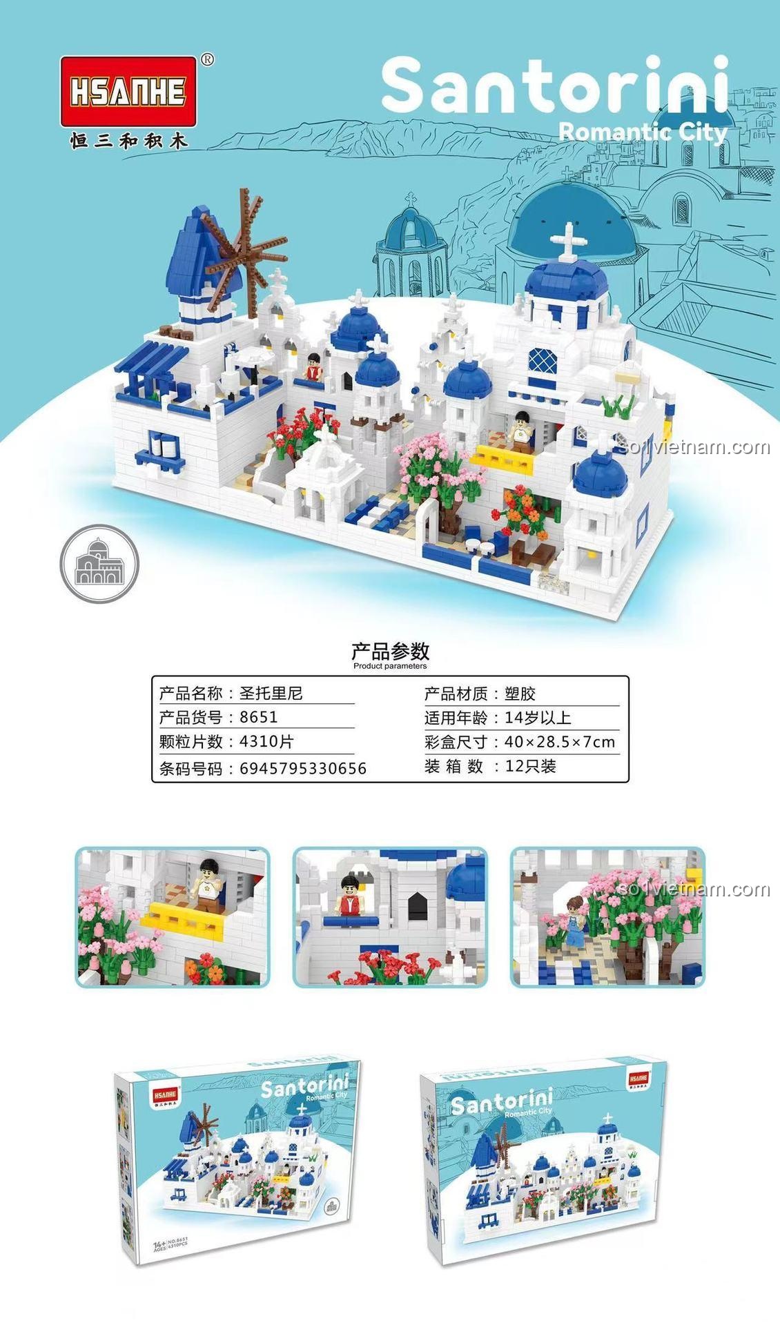 Các chi tiết của bộ lắp ghép HSANHE 8651 Thành phố Santorini, mô hình kiến trúc Địa Trung Hải với 4310 mảnh ghép nhỏ