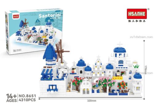 Hộp sản phẩm và mô hình Thành phố Santorini HSANHE 8651, kích thước mô hình 32x17.6x14cm, hộp 40x28.5x7cm, 4310 chi tiết, độ tuổi 14+