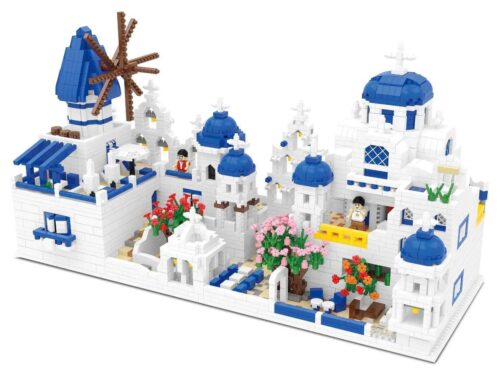 Bộ lắp ghép HSANHE 8651 Thành phố Santorini với kiến trúc Địa Trung Hải, màu trắng xanh, có cối xay gió và nhà thờ mái vòm xanh, 4310 chi tiết, phù hợp cho cả bé trai và bé gái trên 14 tuổi