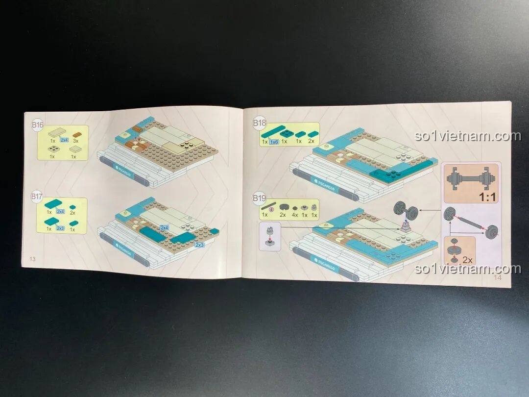 Hướng dẫn lắp ráp chi tiết các bộ phận nhỏ trong bộ Keeppley Pochacco, với tỉ lệ 1:1 cho một số trục.