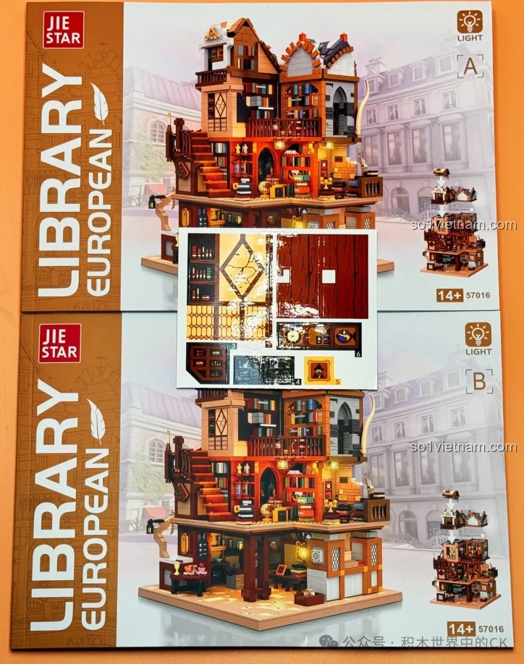 Hai cuốn sách hướng dẫn lắp ráp và một tờ sticker chi tiết đi kèm bộ JIESTAR 57016 Thư viện Châu Âu.