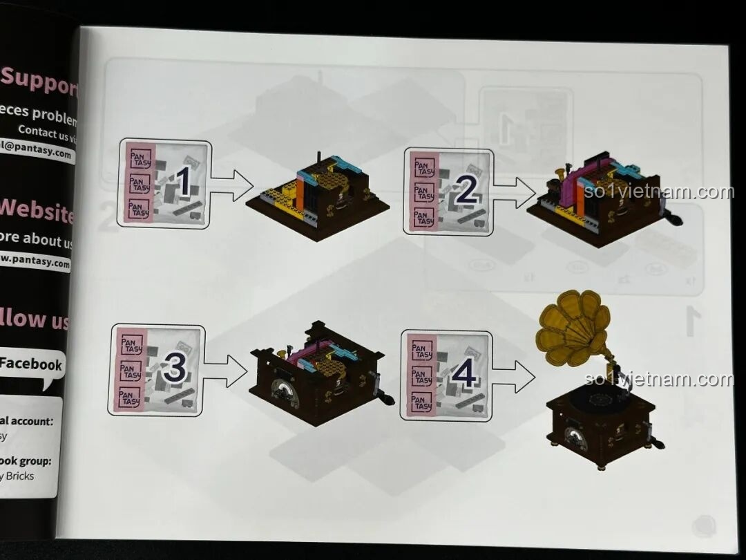 Các bước lắp ráp ban đầu của bộ Pantasy Gramophone 85009 được minh họa rõ ràng trong sách hướng dẫn, hướng dẫn người chơi xây dựng mô hình máy hát đĩa.