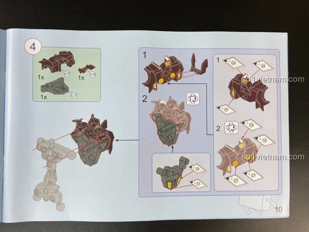 Chi tiết các bước lắp ráp phần thân trên của Tôn Ngộ Không trong sách hướng dẫn, các bước được đánh số rõ ràng.