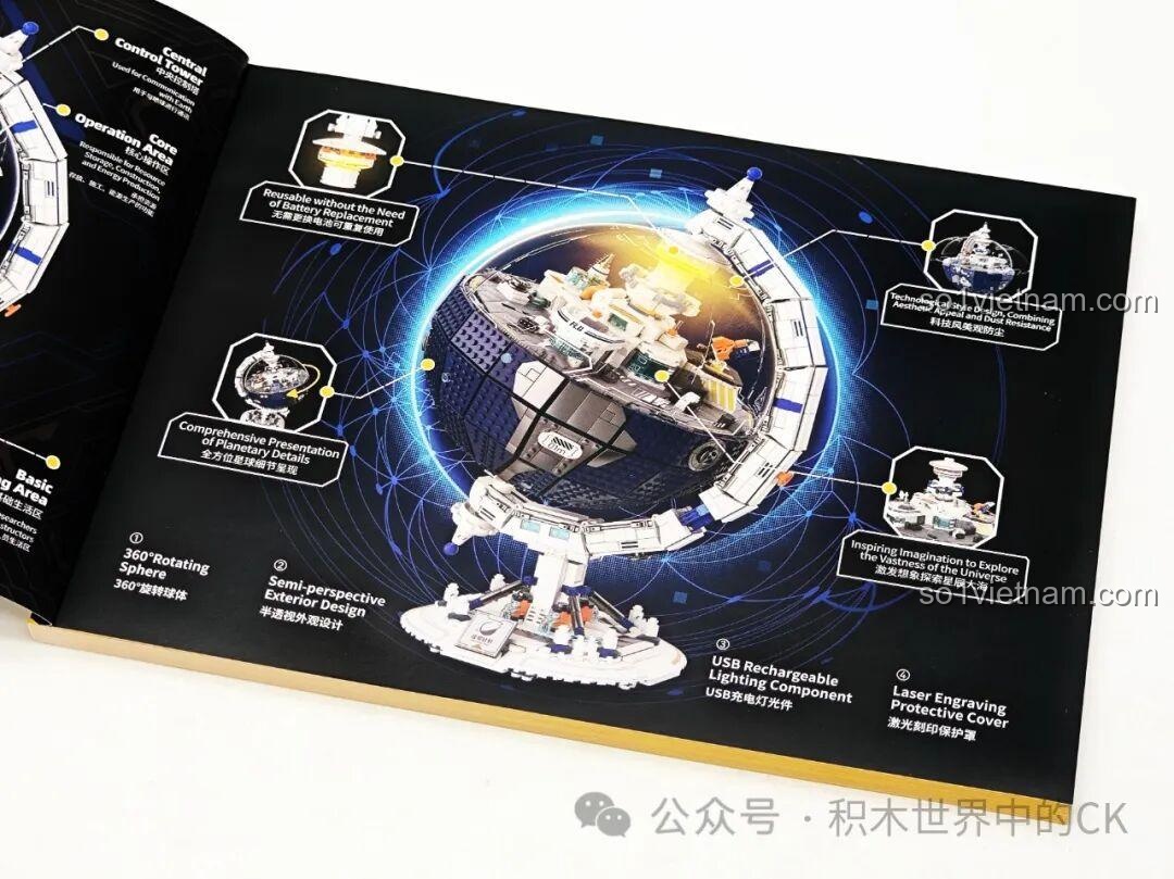 Trang hướng dẫn Wekki 506502 Mô hình Kế hoạch Di cư Hành tinh giới thiệu các tính năng nổi bật như quả địa cầu xoay 360 độ và đèn LED, tăng trải nghiệm chơi.