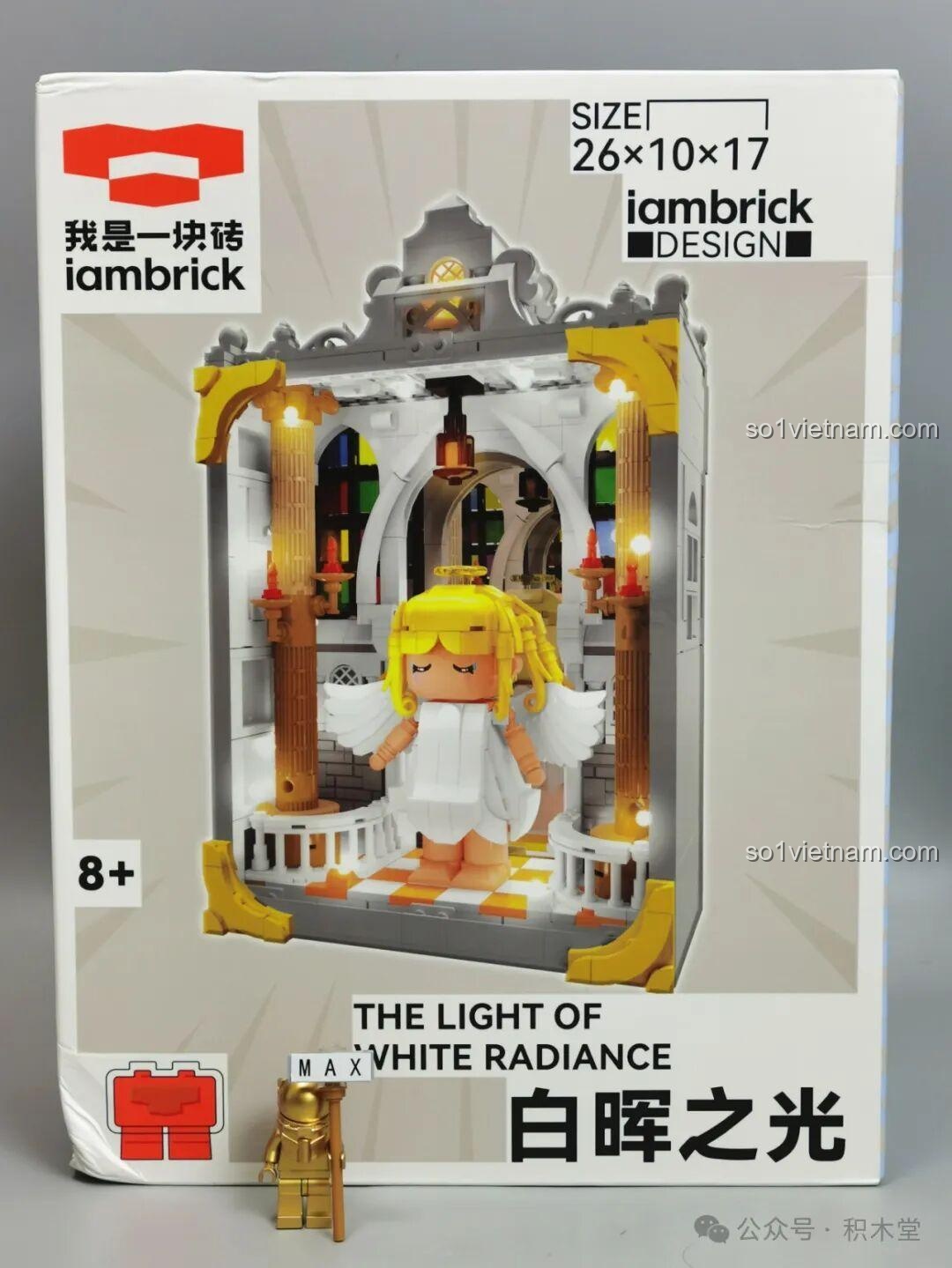 Hộp sản phẩm iambrick 30101 Thâm Uyên Kính: Bạch Hủy Chi Quang cùng minifigure vàng, mô hình thiên thần có đèn LED