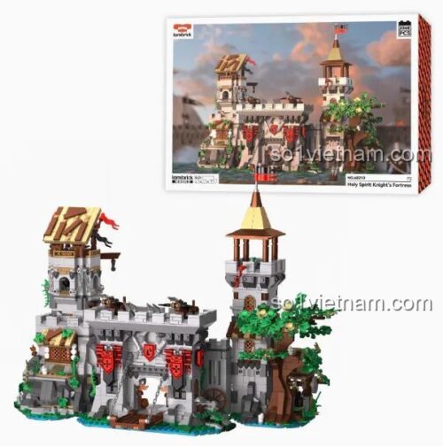 Hình ảnh hộp và mô hình hoàn thiện của bộ đồ chơi mô hình iambrick 40210, thể hiện quy mô hoành tráng của Pháo Đài Hiệp Sĩ Thánh Linh.