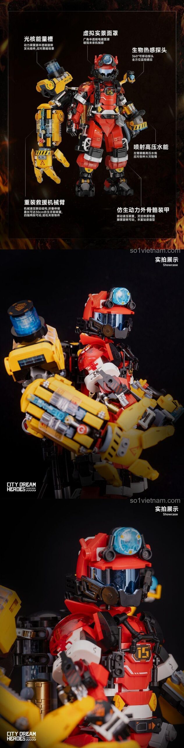 bộ lắp ghép Người máy Cứu Hỏa ib1101, các tính năng đặc biệt của robot như khoang năng lượng quang học, cảm biến nhiệt, súng phun nước