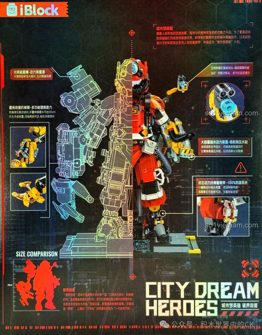 Thông tin chi tiết về các tính năng và cấu tạo của Robot Cứu Hỏa Phá Vỡ Giới Hạn iBlock ib1101 trên vỏ hộp.