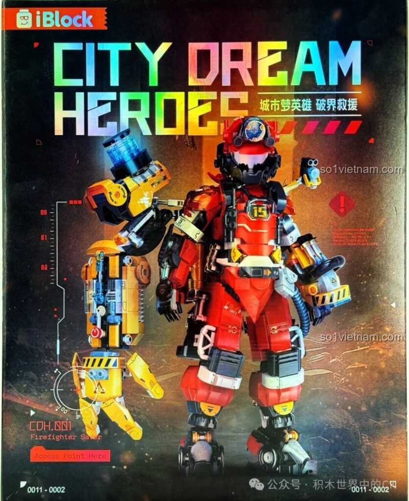 Vỏ hộp bộ lắp ghép iBlock ib1101 Robot Cứu Hỏa Phá Vỡ Giới Hạn với thiết kế cyberpunk ấn tượng, thu hút bé trai 8+.