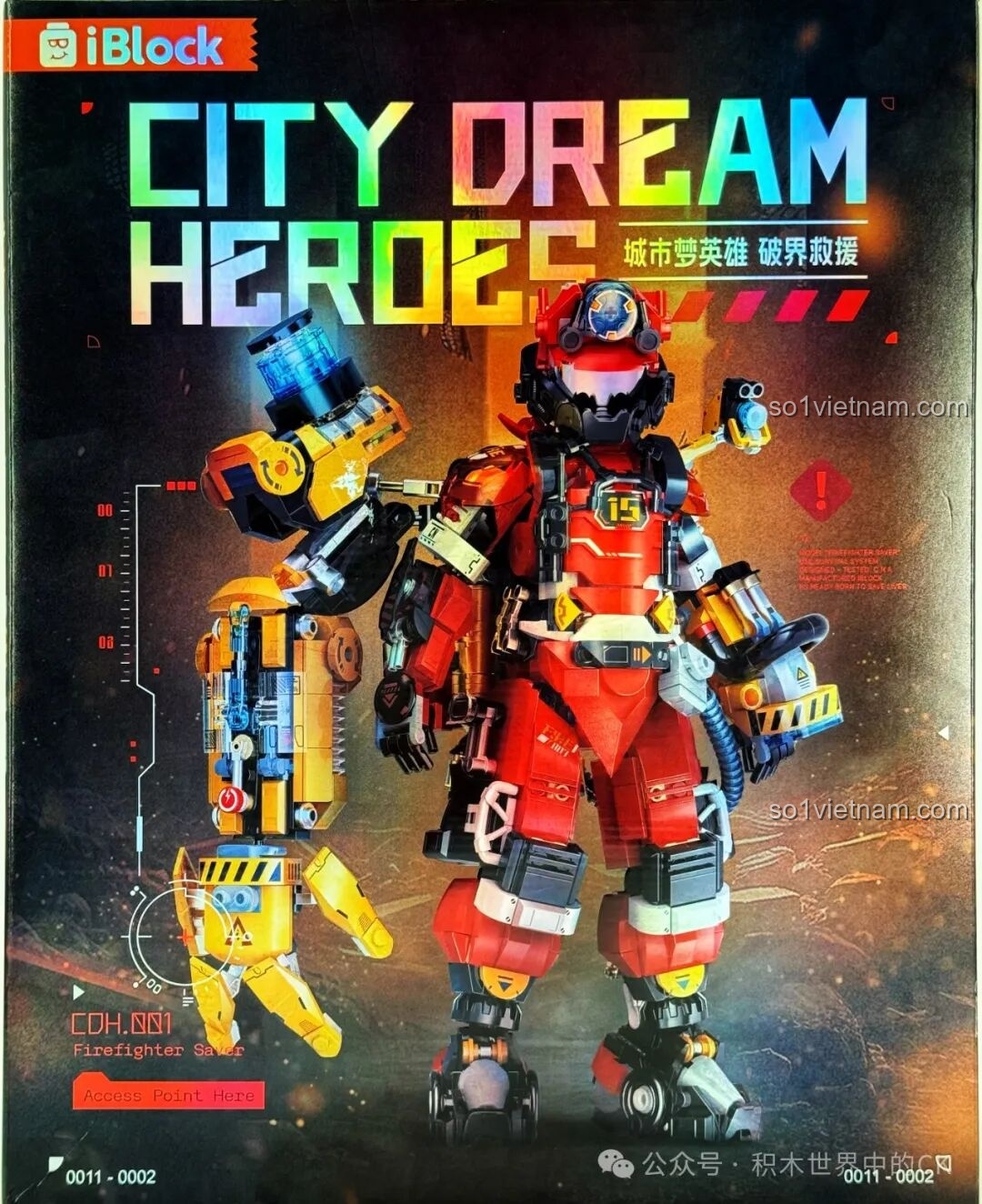 Vỏ hộp bộ lắp ghép iBlock ib1101 Robot Cứu Hỏa Phá Vỡ Giới Hạn với thiết kế cyberpunk ấn tượng, thu hút bé trai 8+.