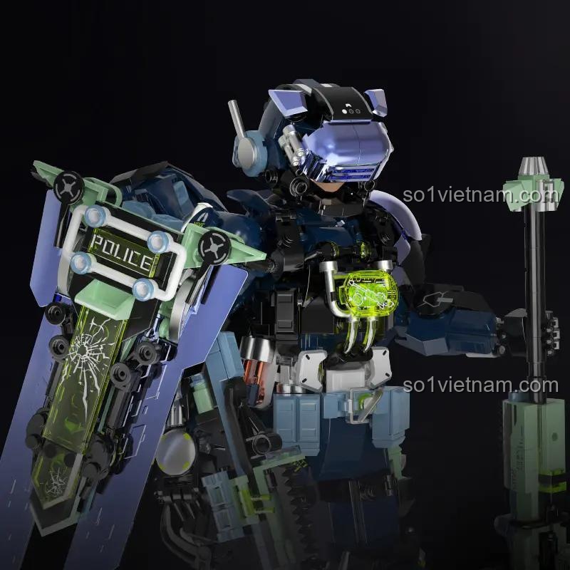 Cận cảnh đầu và vai của đồ chơi mô hình Người máy bảo vệ thành phố iBlock ib1102, chi tiết tinh xảo, chất lượng cao cho bé trai 8 tuổi