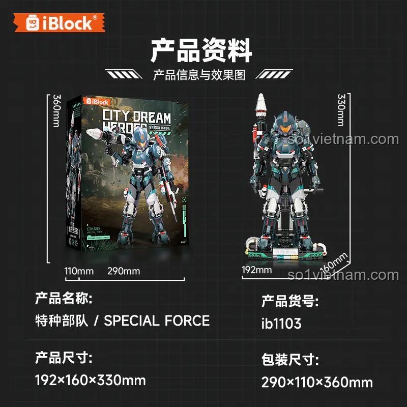 Bộ lắp ghép iBlock ib1103, thông tin kích thước sản phẩm và hộp rõ ràng, đáng tiền cho bé trai 8 tuổi