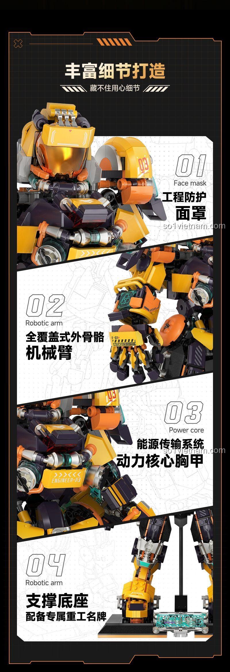 Tổng hợp các chi tiết tinh xảo của bộ lắp ghép Người Máy Công Nghiệp 1104: mặt nạ, cánh tay, giáp ngực và đế đỡ.